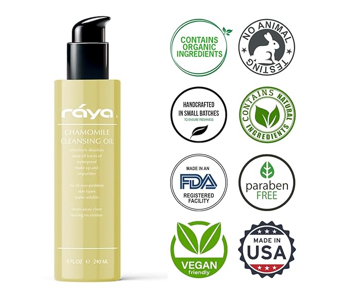 Raya Chamomile Facial Cleansing Oil (154) | Natural and Organic, Water-Soluble Oil Cleanser and Water-Proof Make-Up Remover For All Skin | Made With Chamomile and Lavender Oils