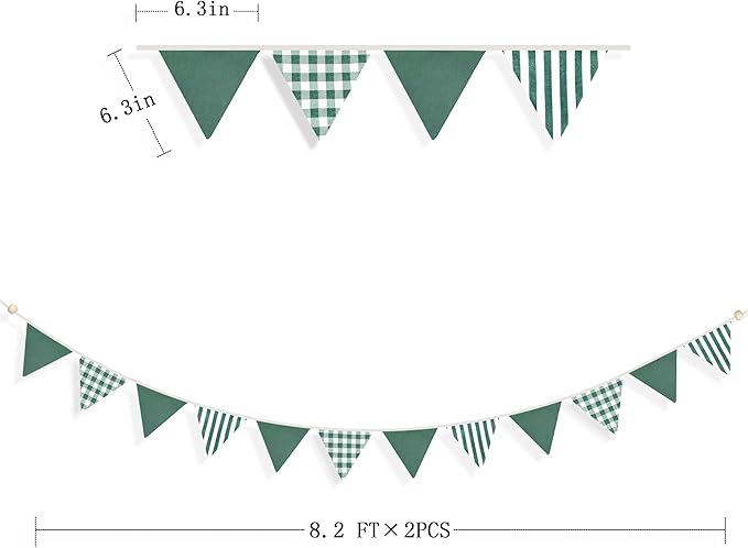 2 Sets Green Pennant Banner Flags 24Pcs Green Buffalo Plaid Striped Nursery Garland Linen Fabric Gingham Triangle for Baby Playroom Decor Kids Checkered Birthday Golf Baby Shower Party Decorations