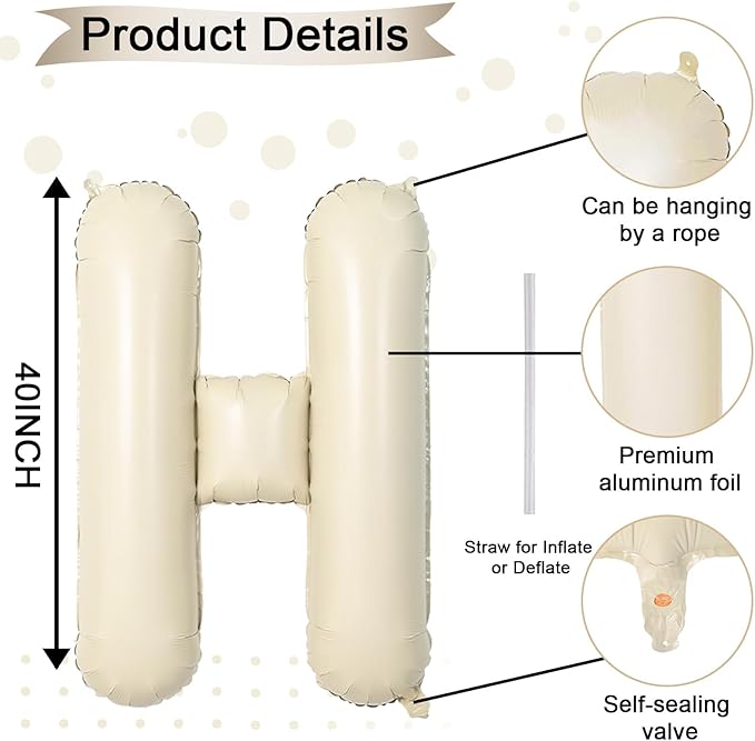 40 Inch Letter Balloons H, Big Custom A-Z Alphabet Foil Name Balloon Cream White, Self Inflating Beige Customize Helium Balloon Letters H for Women Girls Happy Birthday Oh Baby Shower Party Decoration