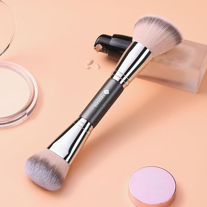 TEOYALL Dual-Ended Foundation Blending Brush, Flat Angled Kabuki and Domed Cheek Synthetic Bristles for Liquid Cream Powder