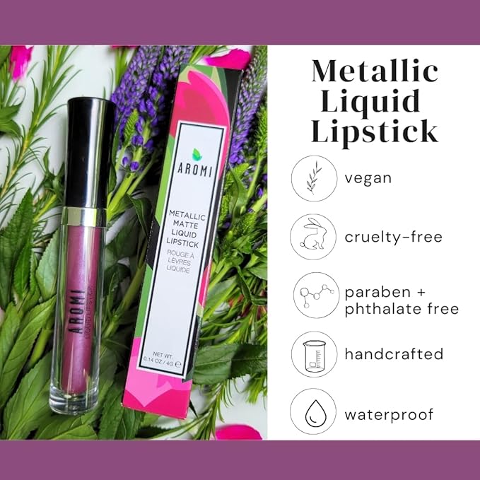 Aromi Metallic Liquid Lipstick | Long-lasting, Waterproof Lip Color with Shimmery Finish, Vegan, Cruelty-free, Gluten and Paraben Free, Made in USA, Handmade (Vulgar Violet)