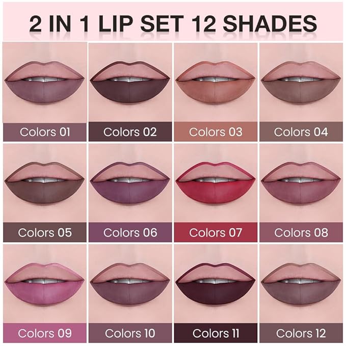 AMY'S DIARY 2pcs Matte Dark Red Lip Liner & Lipstick Makeup Set, Liquid Lipstick 24H and Lip Liner Set Matt Liquid Lips Make Up Waterproof Long Lasting (11#, 2 Pcs Set)
