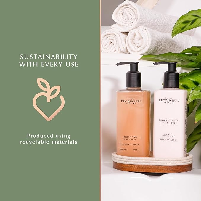 Pecksniffs Luxury Bath Gift Set, Ginger Flower and Patchouli Moisturizing Hand Soap and Body Lotion Set with Caddy, 10.1 Fl Oz