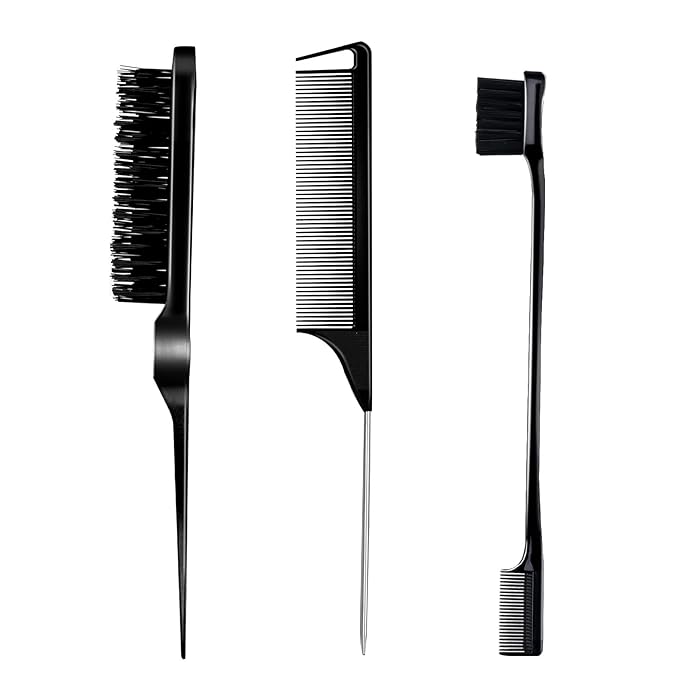 3 Pieces Hair Styling Comb Set Teasing Brush Rat Tail Comb Edge Brush for Edge&Back Brushing, Combing, Slicking Hair for Women (Black)