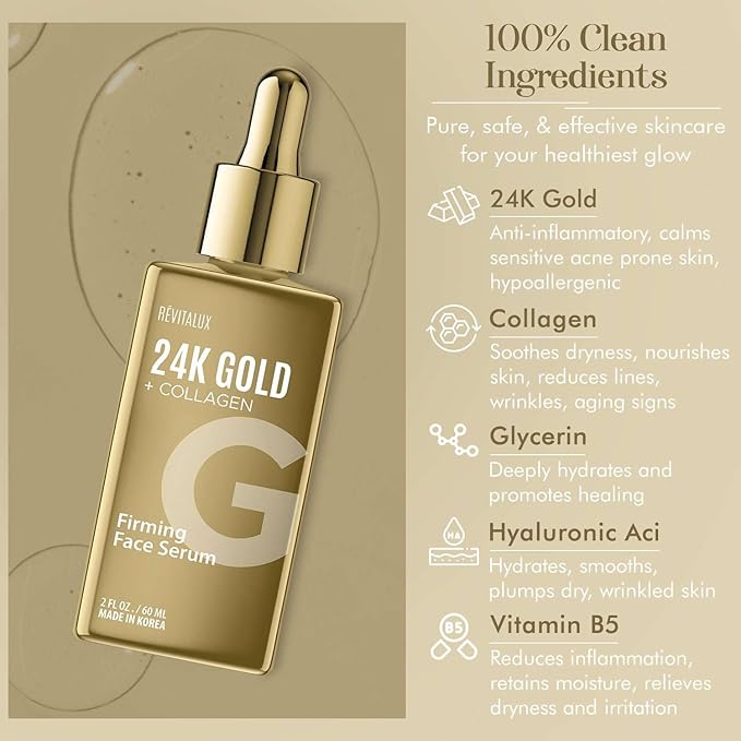 24K Gold & Collagen Serum - Anti-Aging, Skin Firming, Deep Moisturizing, Radiant Skin - Dermatologist Tested, Clean Beauty, Cruelty-Free Korean Skin Care for All Skin Types - 2 fl. oz