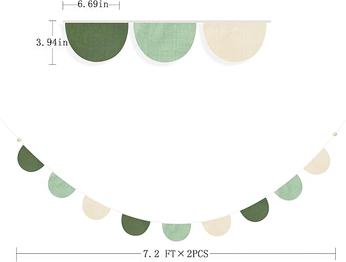 2 Sets of Sage Green Half Round Banner 18Pcs Nursery Garland Flags Olive Green Fabric Semicircle Streamers for Baby's Room Decor Kids Jungle Safari Summer Birthday Baby Shower Boho Party Decorations