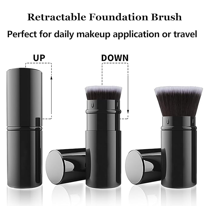 Falliny Makeup Brushes, Retractable Travel Kabuki Powder Foundation Brush, Portable Face Liquid Foundation Sunscreen Brush with Cover for Blending Liquid, Bronzer,Cream or Flawless Powder Cosmetics
