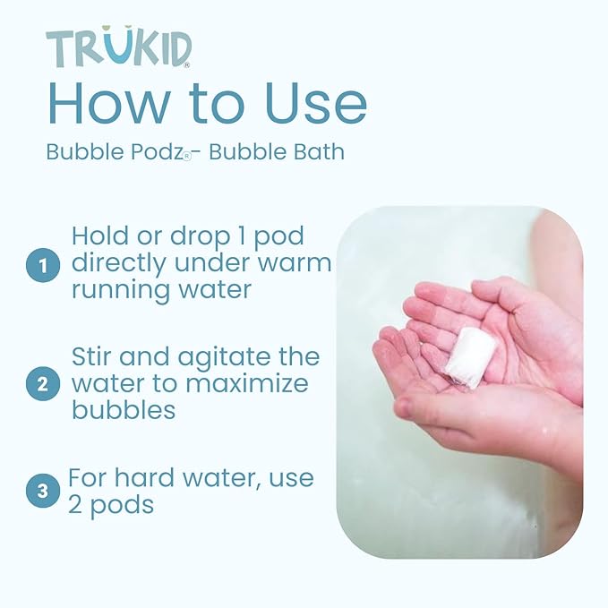 TruKid Bubble Podz Bubble Bath for Kids, Toddlers, & Babies, Tear Free Gentle & Refreshing Bath Bomb for Sensitive Skin with Natural Moisturizers, Non-Toxic, pH Balanced, Eucalyptus Scent (60 Podz)