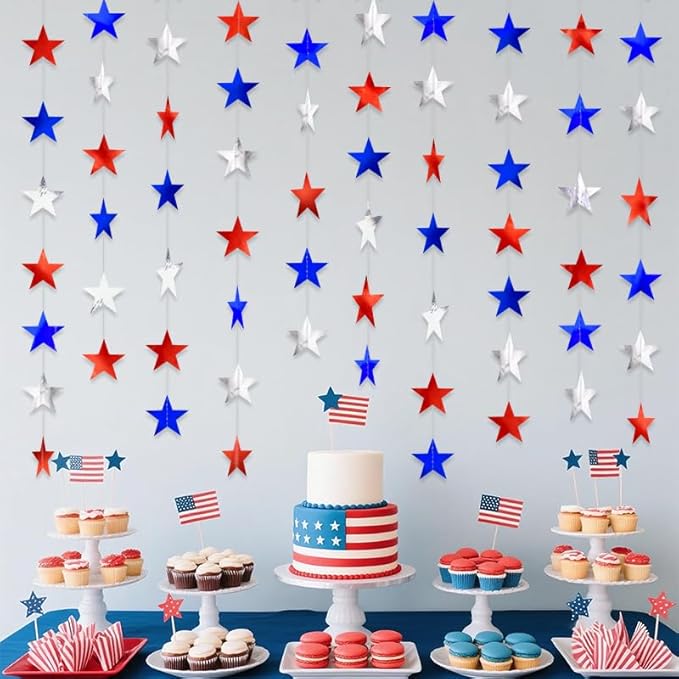 Red Silver and Blue Hanging Star Garland Patriotic Hanging Star Streamer Glitter Star Backdrop for 4th of July, Independence Day, Memorial Day, Veterans Day, Labor Day Decorations Decorations 40 Feet