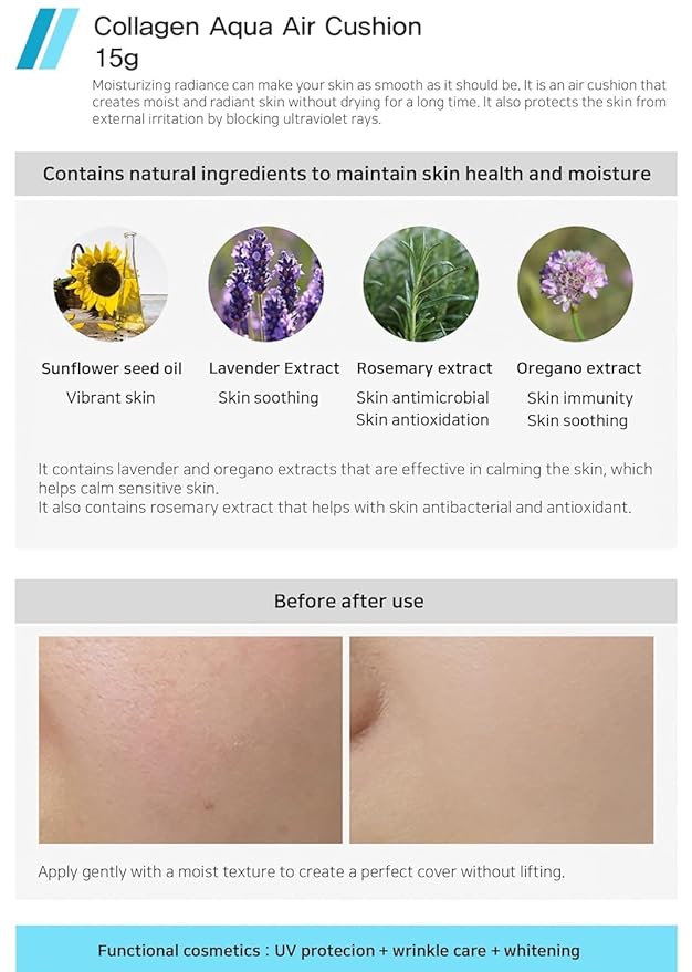 ENOUGH Collagen Aqua Air Cushion SPF 50, Full Coverage Hydrating Foundation Makeup, Tinted Moisturizer Sunscreen, Korean Skin Care Cosmetics for Women, Dewy Finish (#21 Natural Glow with Refill Set)