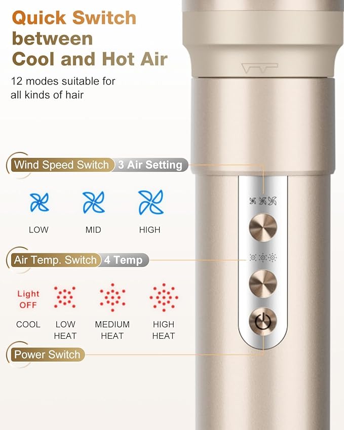 7MAGIC 6 in 1 Multi Hair Styler Dryer Brush, 110,000 RPM High-Speed, Negative Ionic, Fast Drying for Professional Blow Dry, Curling, Volumizing, Straightening and Styling, Gold