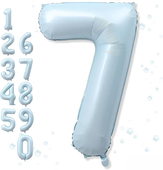 7th Birthday Balloons for Boys, 40'' Foil Self Inflating Light Baby Blue Number 7 Balloon, Pastel Dusty Sky Blue Large Helium Mylar 7 Balloon Number for Kid Birthday Party Decor Anniversary Decoration