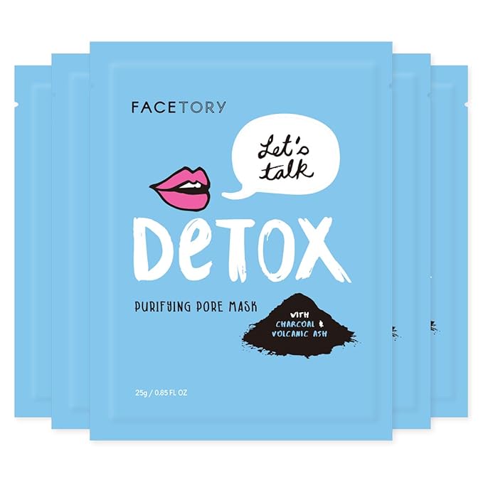 FACETORY K Beauty Face Mask Skin Care - LET'S TALK DETOX PURIFYING Sheet Mask with Charcoal & Volcanic Ash | Pore Refining Charcoal Face Mask (5 Pack)