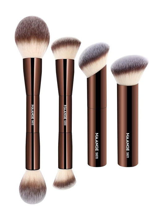 MAANGE 4 PCS Foundation Makeup Brush Set Double-ended Kabuki Contour Brush for Liquid Powder Concealer Cream Cosmetics Blending Blush Face Makeup Tools Kit (Coffee)