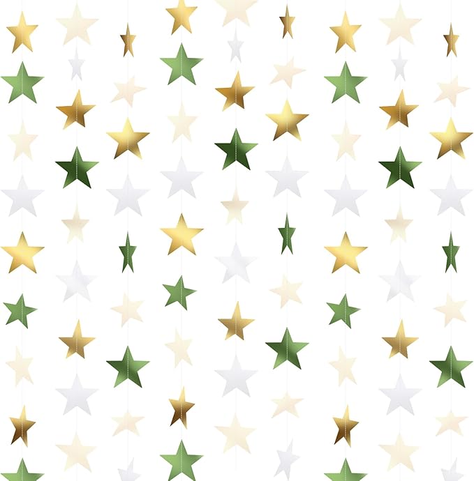 Patelai Glitter Star Garland Banner New Years Decor 130 Feet Star Hanging Banner Twinkle Backdrop for Birthday Classroom Wedding Halloween Christmas Party Supplies(Sage Green, Gold, White)