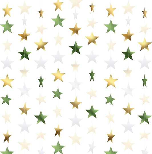 Patelai Glitter Star Garland Banner New Years Decor 130 Feet Star Hanging Banner Twinkle Backdrop for Birthday Classroom Wedding Halloween Christmas Party Supplies(Sage Green, Gold, White)