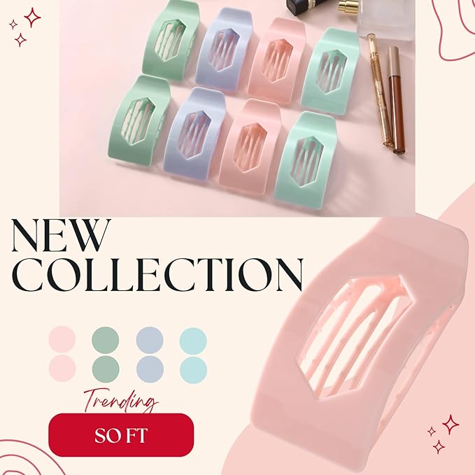 8 Pack Pastel Flat Hair Clips for Girls – Large Cute Glossy No-Slip Claw Clips for Thick & Thin Hair in Pink, Blue, Green, Purple, Soft Color Aesthetic Hair Accessories for Teen or Preppy Style