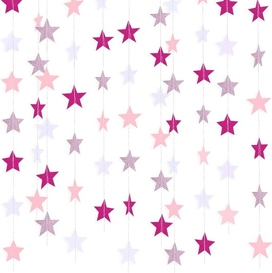 Patelai Glitter Star Garland Banner New Years Decor 130 Feet Star Hanging Banner Twinkle Backdrop for Birthday Classroom Wedding Halloween Christmas Party Supplies(Pink,Rose Red,White)