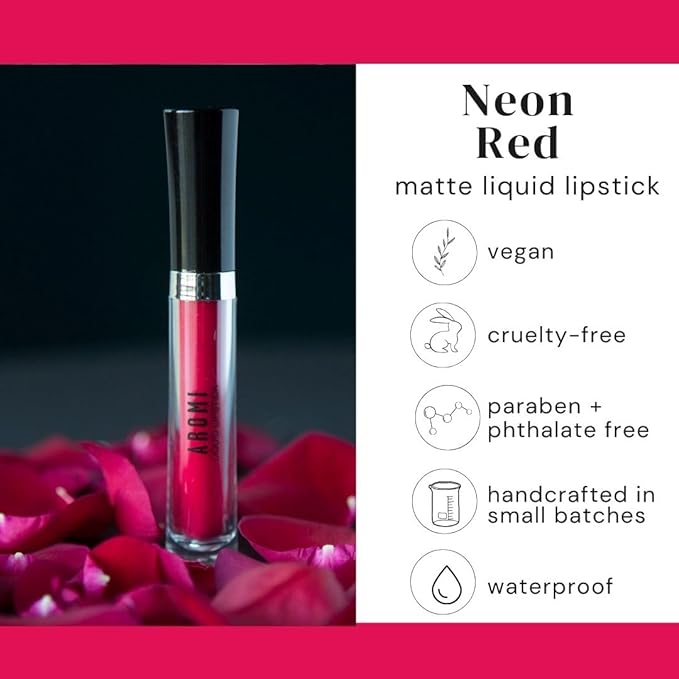 Aromi Matte Liquid Lipstick | Bright Magenta Red Lip Color, Long-Lasting, Transfer and Smudge Proof, Waterproof, Paraben, Phthalate, + Gluten Free (Neon Red)