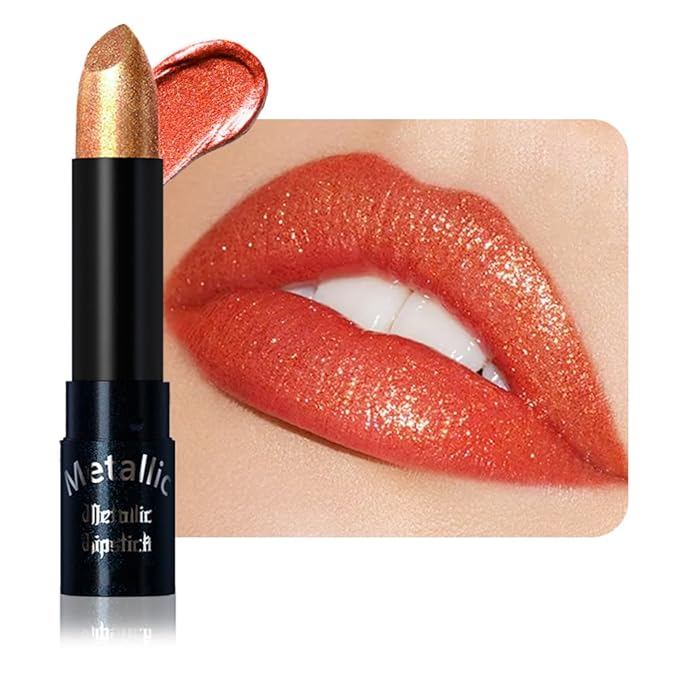 Orange Metallic Lipstick for Women,Lightweight Non-Drying Shimmer Frosted Lipsticks,Glitter Lip Gloss Stain Long Lasting Waterproof No Smudge Proof No Transfer 12 Hour,Cruelty-Free Makeup
