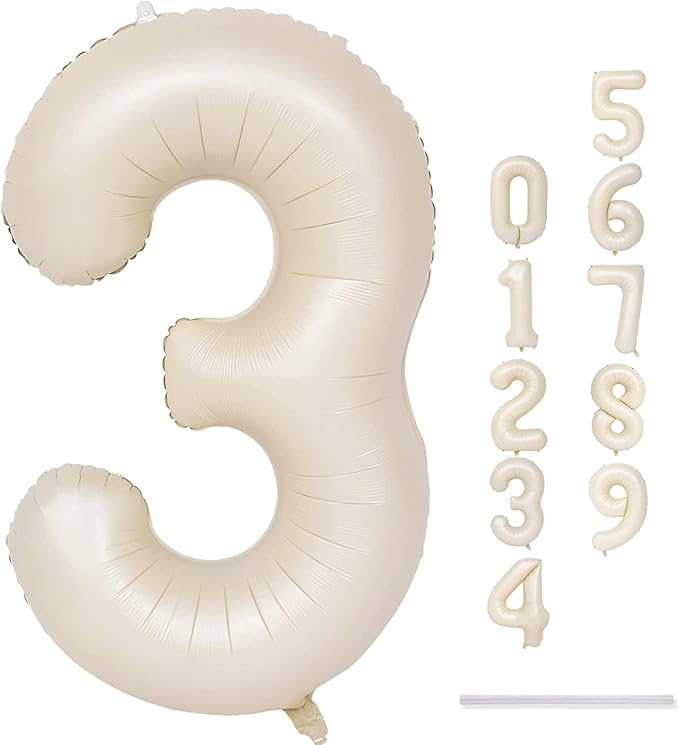 40 Inch Beige Large Numbers Balloons 3, Self Inflating Ivory White Digit 3 Helium Balloons for 3rd Girls, Cream Foil Mylar Number Balloons 0-9 for Women Birthday Party Anniversary Supplies Decorations