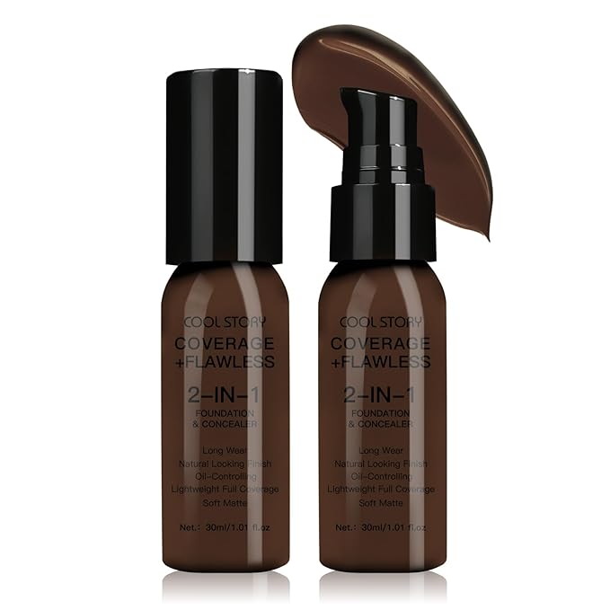 2-in-1 Foundation and Concealer Long Wear Natural Matte Finish Lightweight Coverage (Deep)