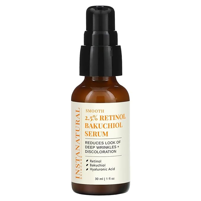 InstaNatural Retinol Serum for Face with 2.5% Retinol, Bakuchiol, Hyaluronic Acid & Squalane | Smoothing Serum for Even-Toned, Youthful-Looking Skin - 1 Fl Oz