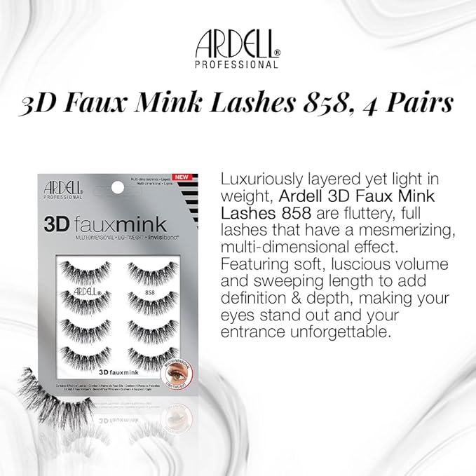 Ardell 3D Faux Mink Lashes 858 - Lightweight False Eyelashes with Invisiband, Reusable Strip Lashes, 4 Pairs