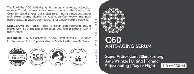C60 Anti-Aging Face Serum 30ml with Hyaluronic Acid, Plant Stem Cells, Peptides, Vitamins B + C & Anti Aging Wrinkle Complexes for Men & Women Made with Organic Ingredients
