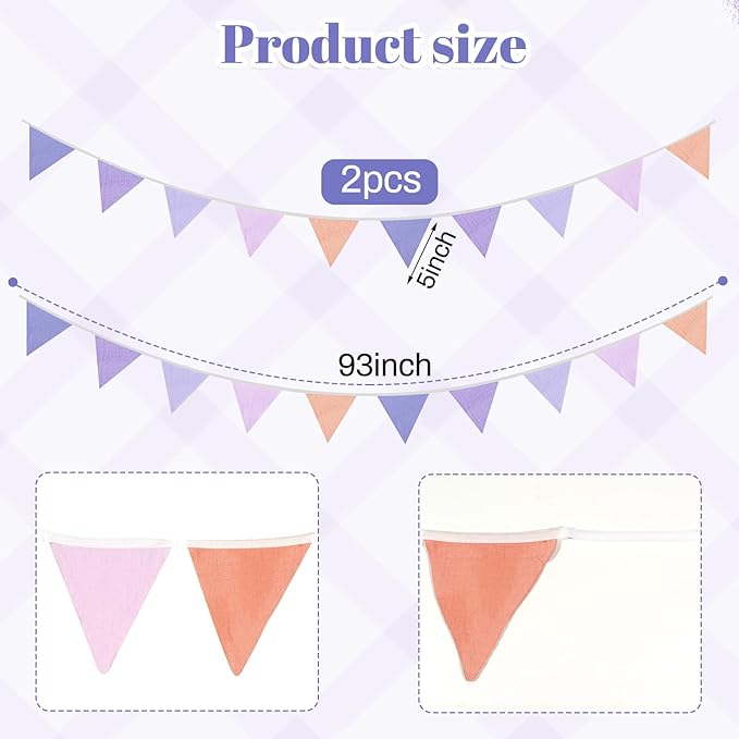2PCS Pennant Banner Flags, Fabric Bunting Banner Nursery Garland Decor, Baby Shower Garland, Triangle Flags for Baby Boy Room, Playroom, Boho Birthday Party Decor, Each 7.75 ft (Purple Pink)