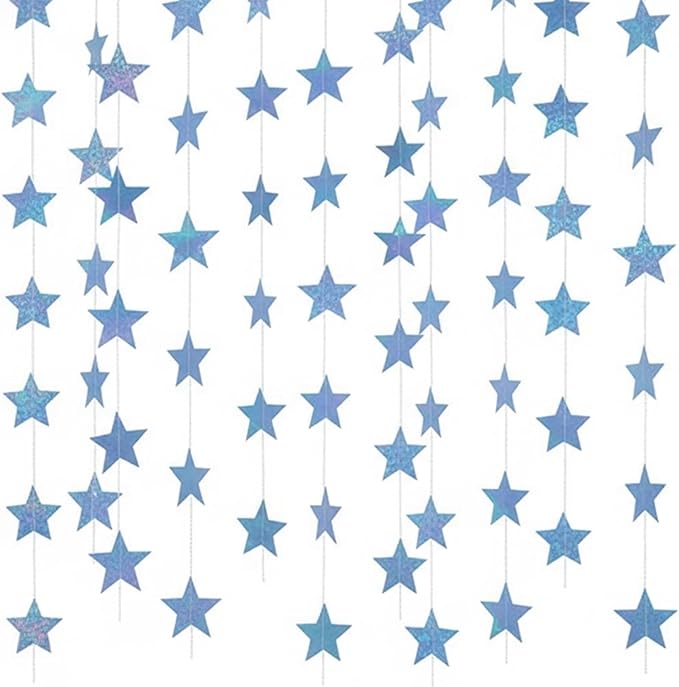 Patelai Glitter Star Garland Banner New Years Decor 130 Feet Star Hanging Banner Twinkle Backdrop for Birthday Classroom Wedding Halloween Christmas Party Supplies(Iridescent Blue)