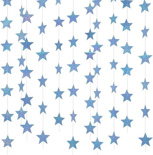 Patelai Glitter Star Garland Banner New Years Decor 130 Feet Star Hanging Banner Twinkle Backdrop for Birthday Classroom Wedding Halloween Christmas Party Supplies(Iridescent Blue)