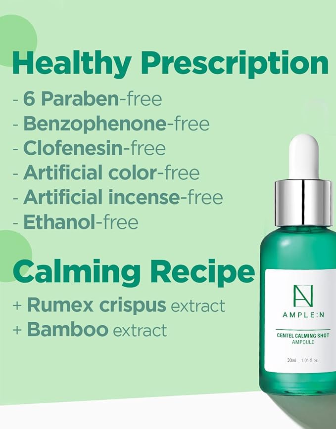 AMPLE:N Centel Calming Shot Ampoule - Korean Soothing Face Serum with Centella Asiatica to Calm Irritated & Sensitive Skin - Redness Relief, Acne Spot Treatment & Moisturizing, 1.01 fl.oz.