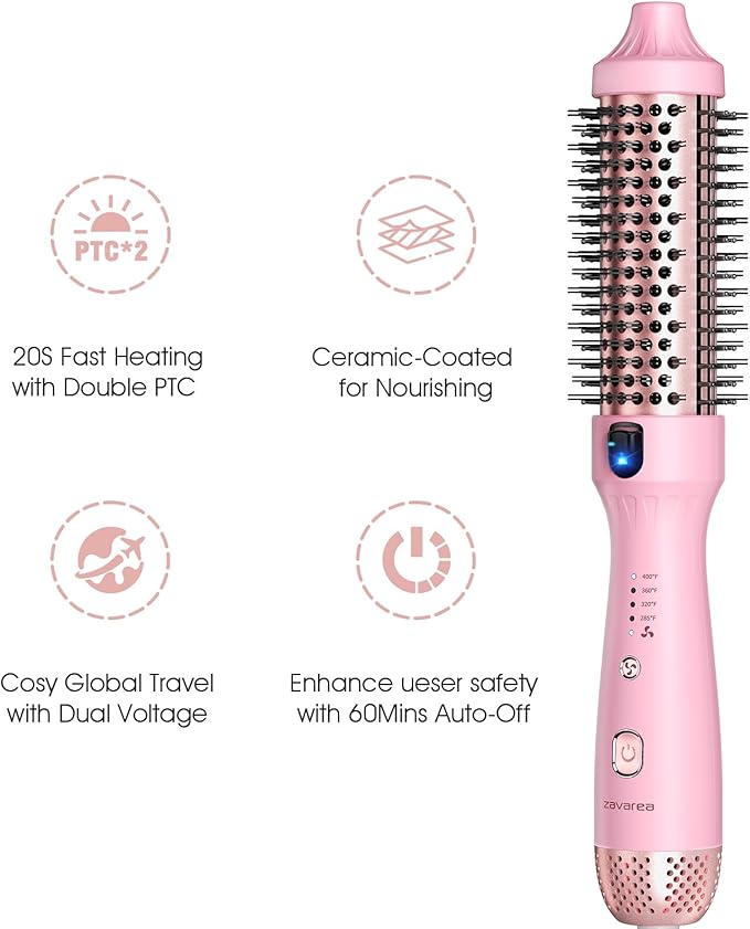 Zavarea Thermal Brush, 1.5 Inch Heated Round Brush for Blowout Look, Hot Styler with 800M Negative Ions & Ceramic for Less Damage & Frizz, Boosts Shine & Easy to Use, Dual Voltage, Youthful Pink