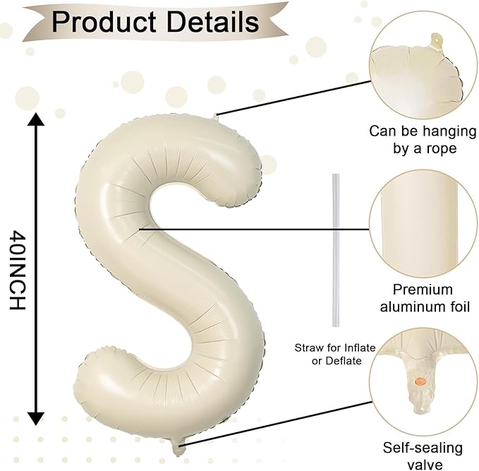 40 Inch Letter Balloons S, Big Custom A-Z Alphabet Foil Name Balloon Cream White, Self Inflating Beige Customize Helium Balloon Letters S for Women Girls Birthday Bride Baby Shower Party Decorations