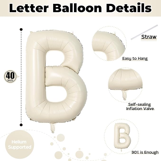40 Inch Letter Balloons Cream, Big Alphabet B Foil Word Beige, Large Inflatable Name White Decor, Mylar Helium Custom for Women Birthday Party Decoration