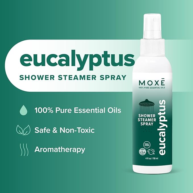 MOXE Shower Mist, Spa Steam Spray, Certified Natural Essential Oils, Aromatherapy, Calming Relief (Lavander and Eucalyptus, 4 Fl Oz (Pack of 2))