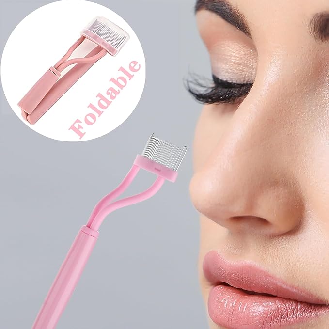 Stainless Steel Eyelash Curler with Comb and Eyelash Brush Fit Suitable for Any Eye Shapes and Sizes, with 5 Silicone Refill Pads (Hazy Pink Set)