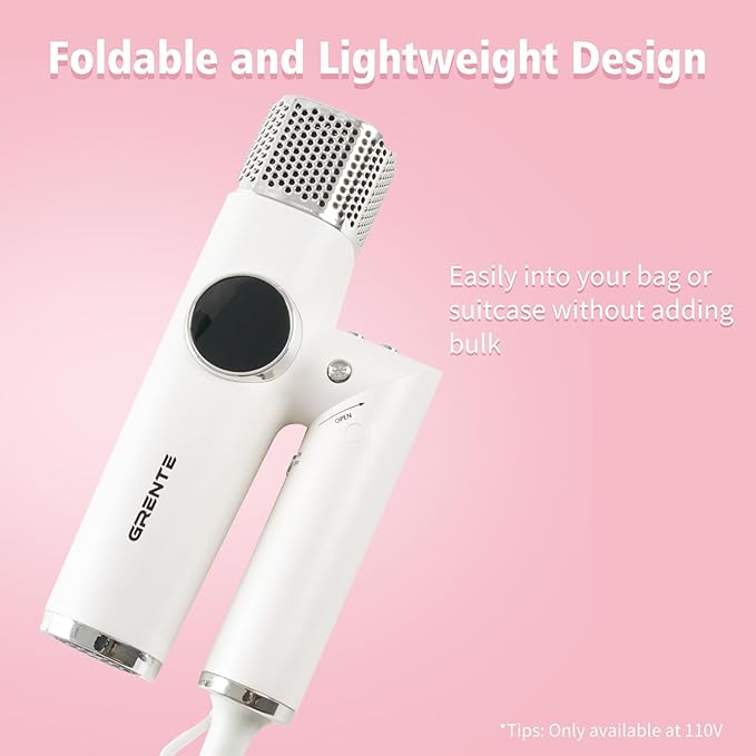 Portable Travel Hair Dryer, 110,000 RPM High-Speed Ionic Hair Dryers,Negative Ion Blow Dryer,4 Heat Settings & 3 Speed, Magnetic Diffuser & Concentrator,Low Noise, Lightweight, No Heat Damage