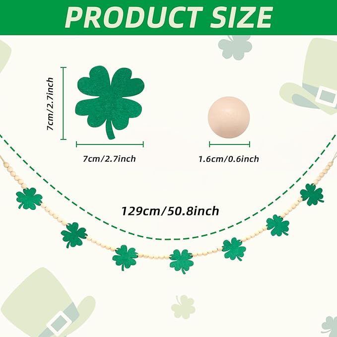St. Patrick's Day Decorations, Felt Shamrocks Wood Bead Garland Banner for St. Patrick's Day Decor