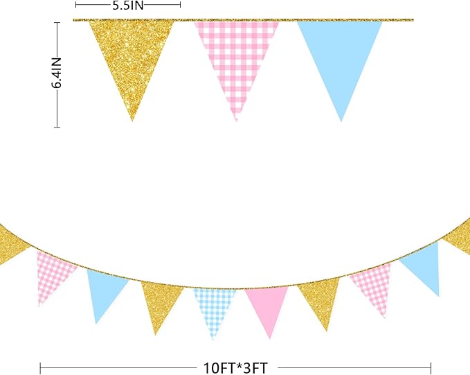Pink and Blue Buffalo Plaid Gold Party Decorations Pennant Banner Flag Hanging Glitter Paper Triangle Bunting for Boy or Girl Gender Reveal Baby Shower Birthday Wedding Bridal Shower Party Supplies