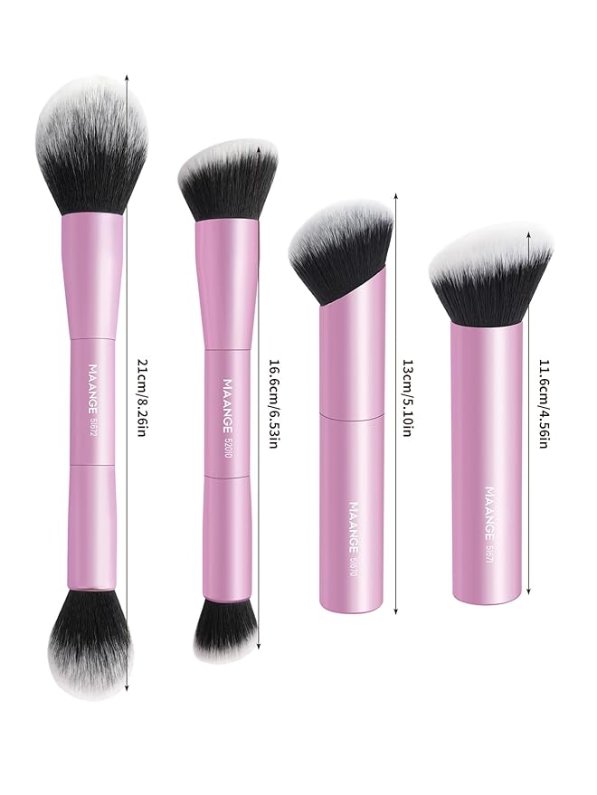 MAANGE 4 PCS Foundation Makeup Brush Set Double-ended Kabuki Brush Contour Brush for Liquid Powder Concealer Cream Cosmetics Blending Blush Face Makeup Tools Kit (Pink)