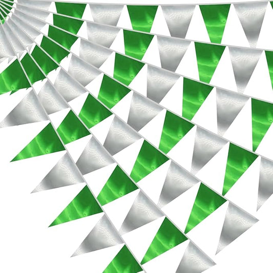 20M/65FT Green Silver Triangle Pennant Banner Flag Metallic Fabric Bunting Garland for Christmas Graduation Wedding Engagement Anniversary Bachelorette Birthday Bridal Shower Hen Party Supplies
