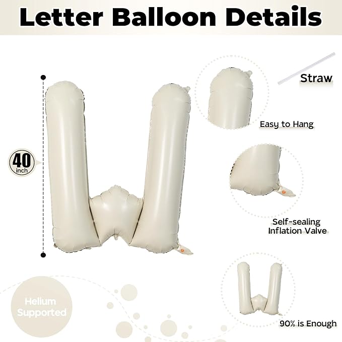 40 Inch Custom Letter Balloons, Giant Alphabet W Foil Name Ballon Cream White, Mylar Self Inflating Balloon Beige Letters W Decor, Helium Letter Customize Balloons for Women Birthday Party Decoration