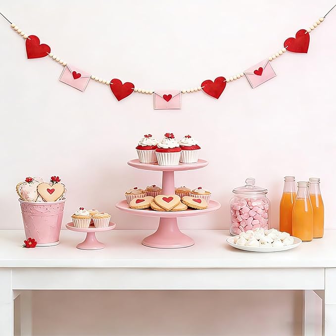 Valentines Day Decorations, Felt Heart and Envelope Garland with Wooden Beads, Valentines Day Garland for Mantle, Heart Decorations, Banner, Fireplace, Wall, Party (Heart and Envelope)