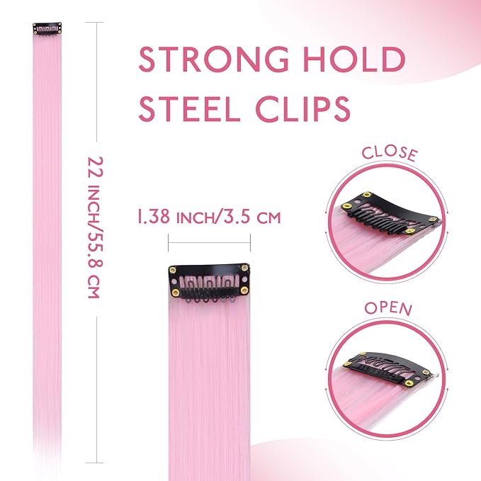 WENNALIFE 12 PCS Pink Hair Extensions Clip in, Colored Clip in Hair Extensions for Kids Highlights Rainbow Hair Clips for Girls Synthetic Straight Pop-up Style Colorful Festival Girls Hair Accessories
