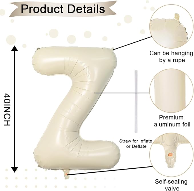 40 Inch Letter Balloons Z, Big Custom A-Z Alphabet Foil Name Balloon Cream White, Self Inflating Beige Customize Helium Balloon Letters Z for Women Girls Birthday Bride Baby Shower Party Decorations