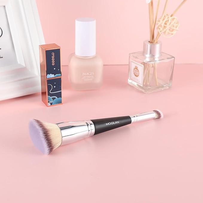 Double Ended Makeup Brushes – Professional Angled Foundation & Blush Brush with Concealer Blending Brush for Liquid, Cream & Powder Buffing Large Face Make Up Applicator