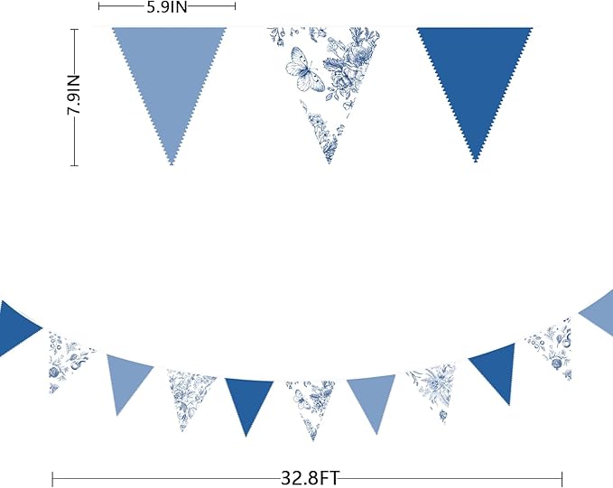 32Ft Blue Floral Party Decorations Vintage Blue White Flower Pennant Banner Fabric Triangle Flag Garland Streamers for Floral Wedding Porcelain Birthday Baby Bridal Shower Garden Tea Party Decor