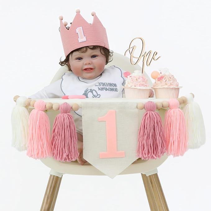 Pink Baby Girl 1st High Chair Banner Wood Bead Tassel Garland Crown Hat Wooden Cake Topper Birthday Party Decorations